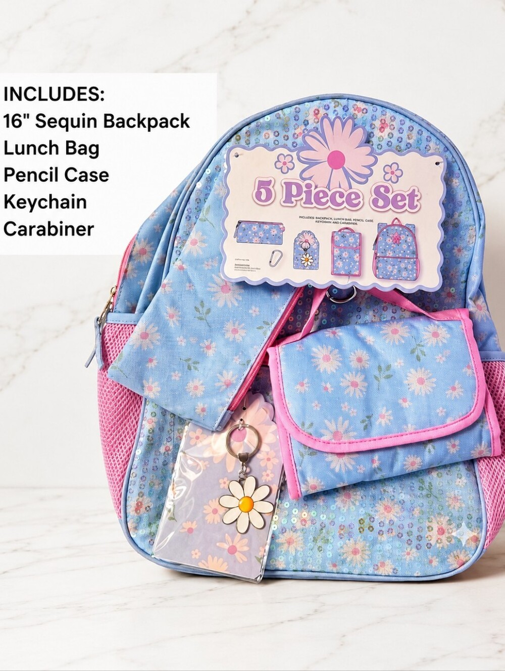 NWT 5-Piece Daisy Sequin Backpack Set Blue & Pink - School Daycare Work Sz 16" H